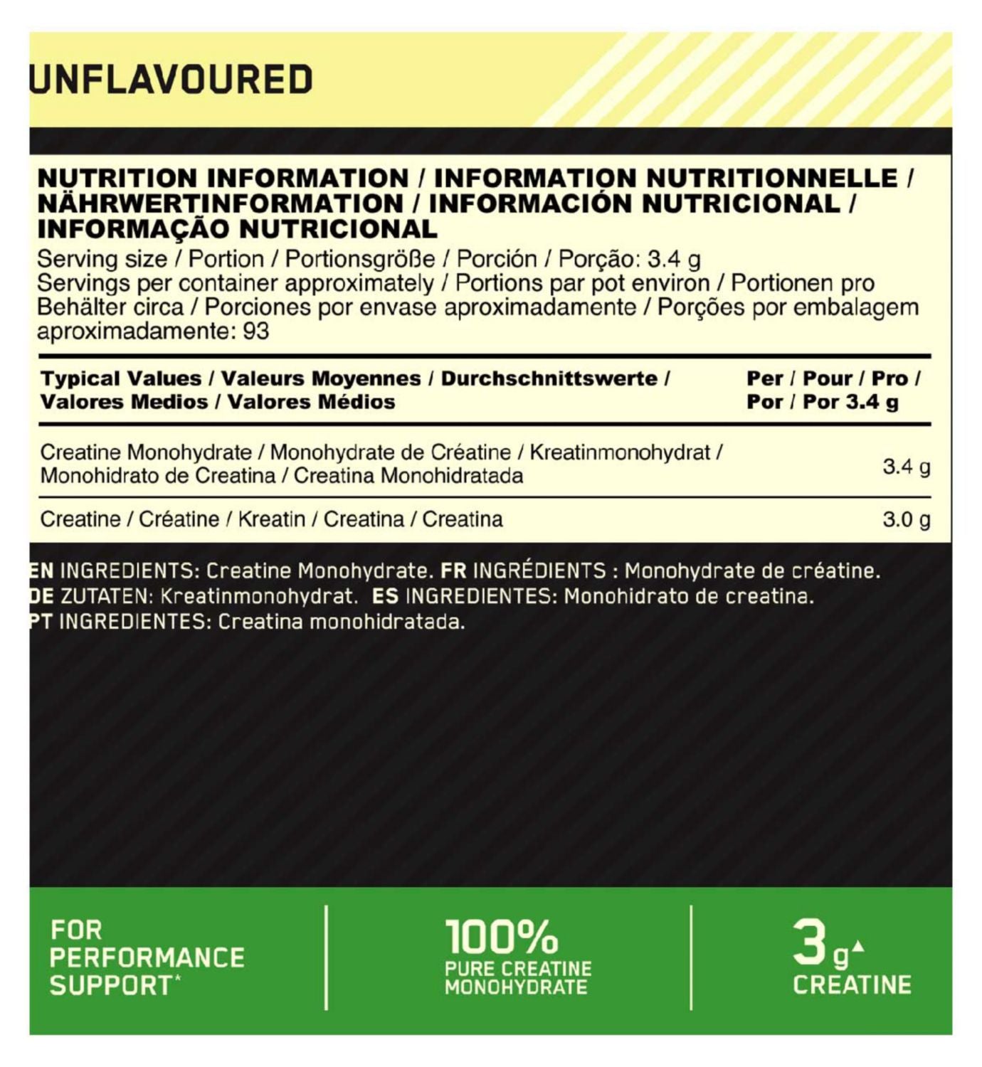 Optimum Nutrition creatine powder unflavoured 187g, UK version