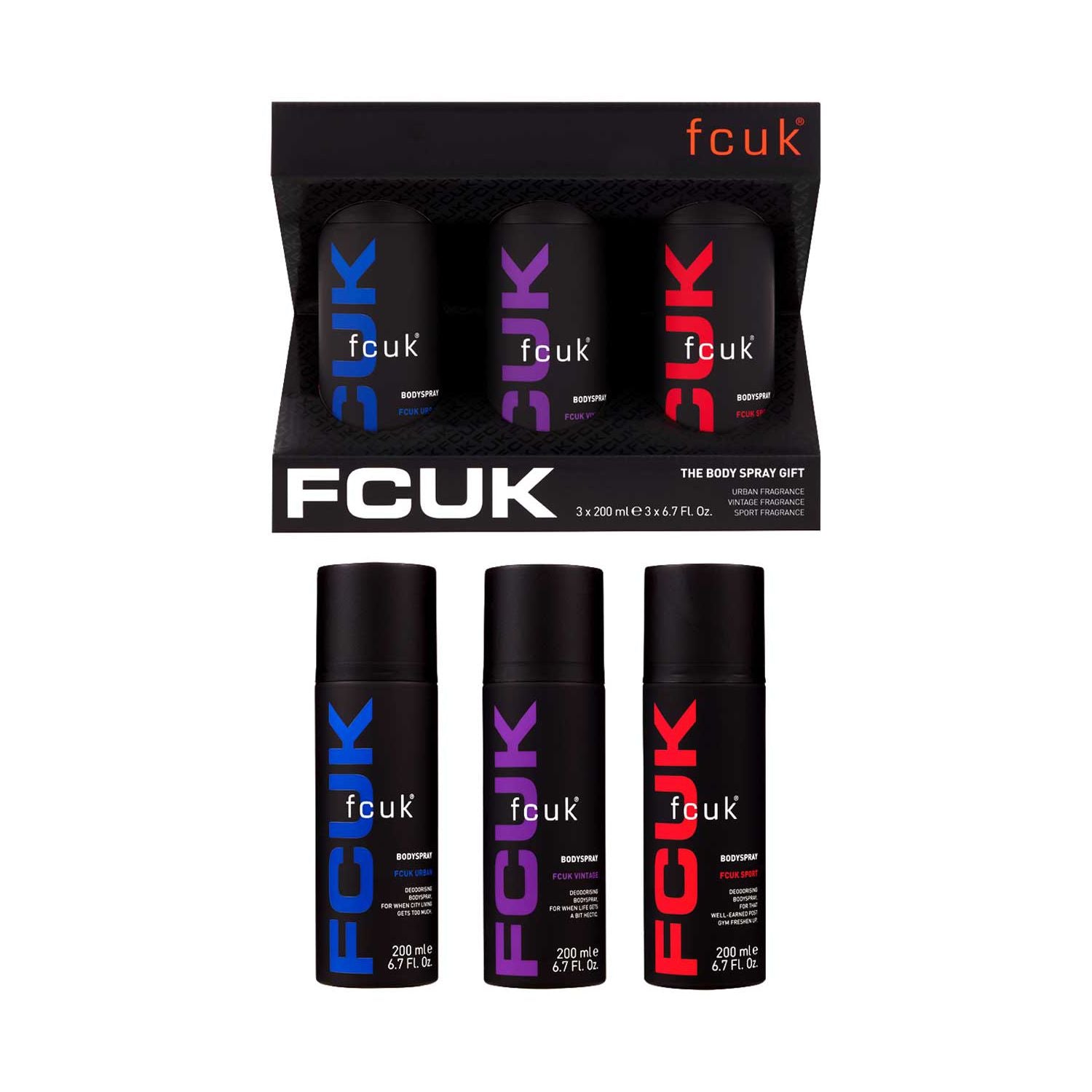 FCUK Urban Vintage Sport body spray trio 200ml (British brand)