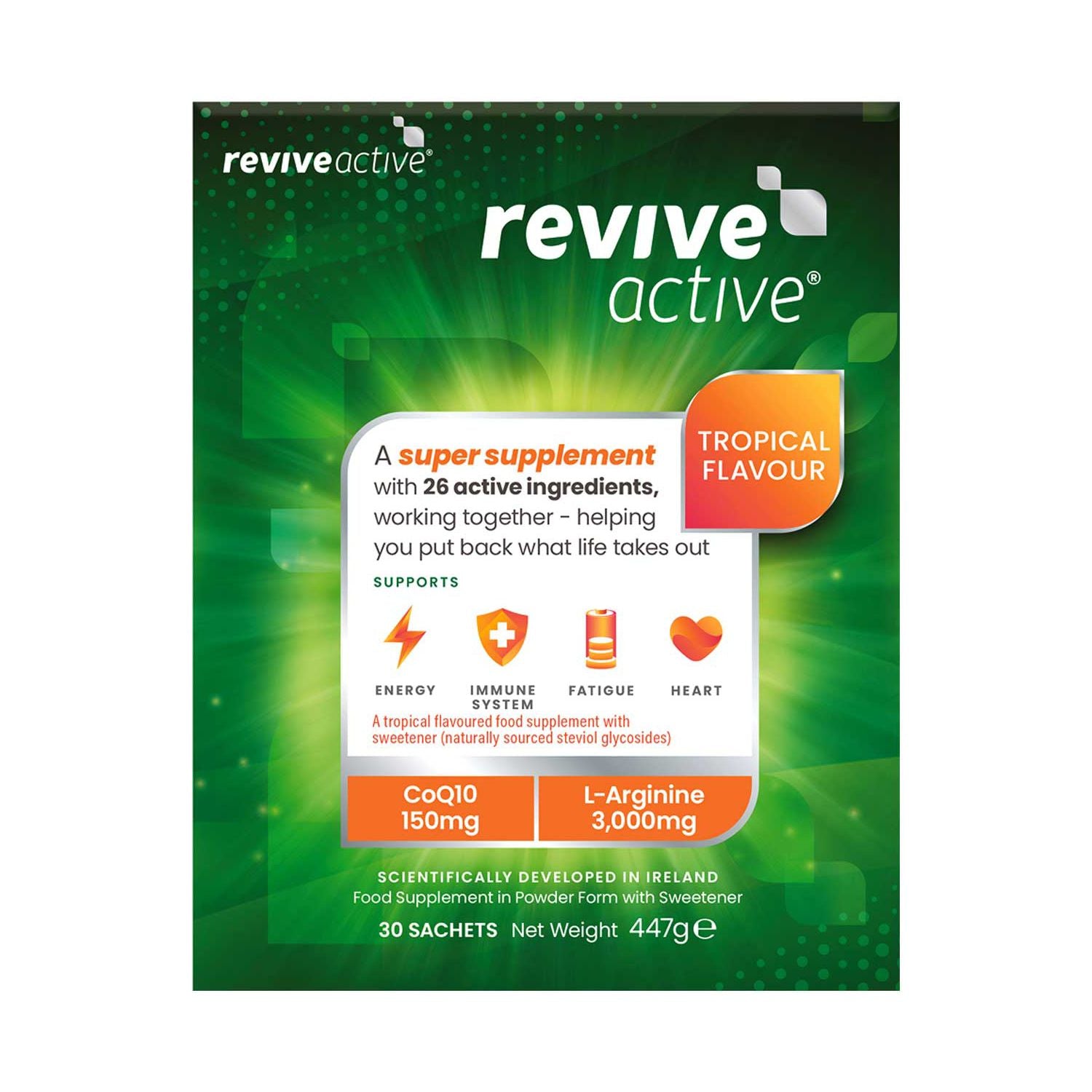 Revive Active supplement with CoQ10 and L-Arginine 30 sachets, imported from the UK