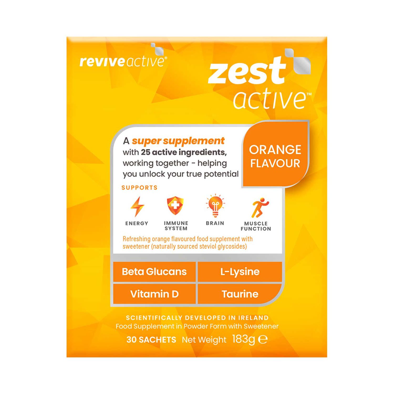 Revive Active Zest Active powdered multivitamin 30 sachets, imported from the UK
