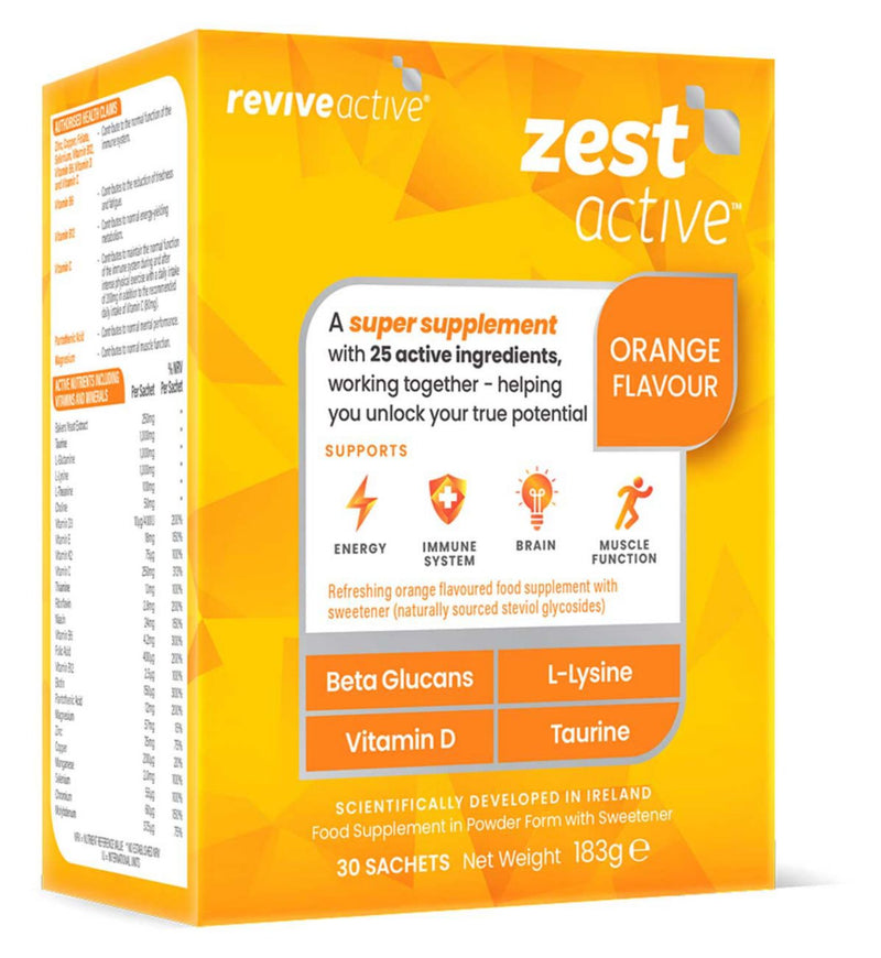Revive Active Zest Active powdered multivitamin 30 sachets, imported from the UK