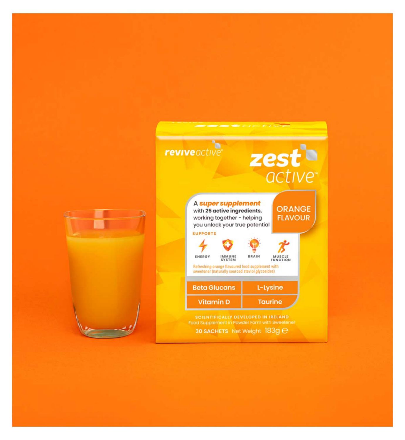 Revive Active Zest Active powdered multivitamin 30 sachets, imported from the UK