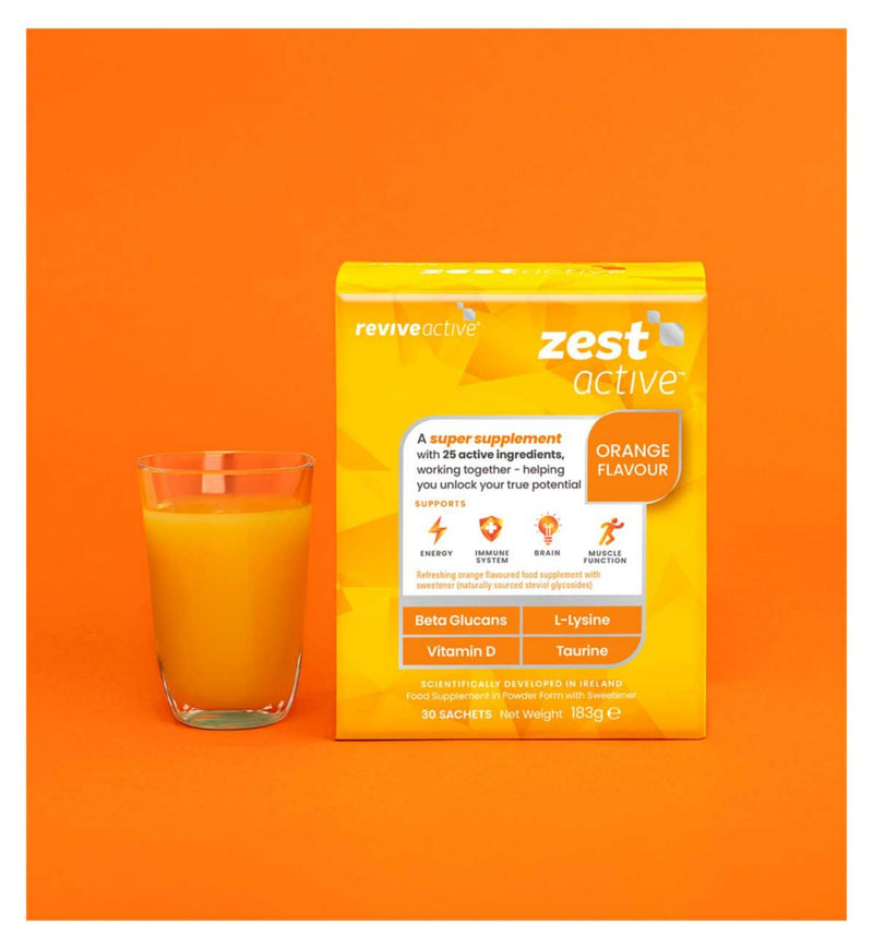 Revive Active Zest Active powdered multivitamin 30 sachets, imported from the UK