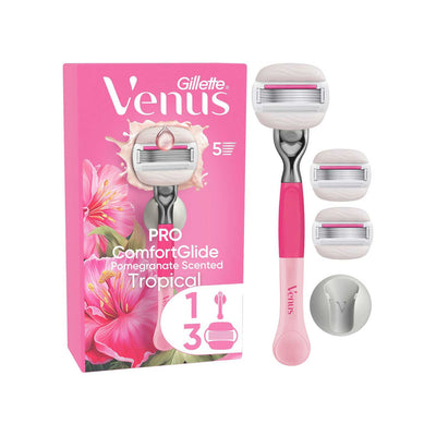 Boots Gillette Venus Pro ComfortGlide Pomegranate Scented Tropical 5-Blade Women's Razor Starter Kit with 3 Blade Refills and Shower Hook- Buy online at McGrocer