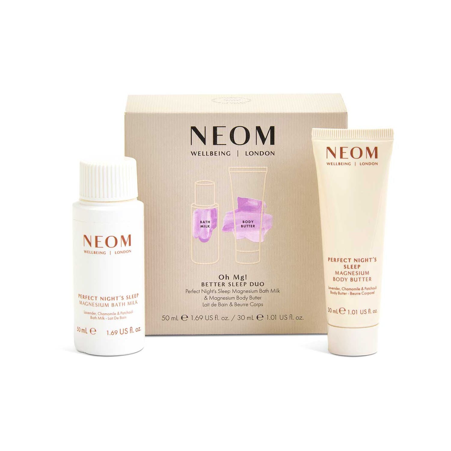 Neom Better Sleep Duo magnesium bath milk and body butter set (British brand)