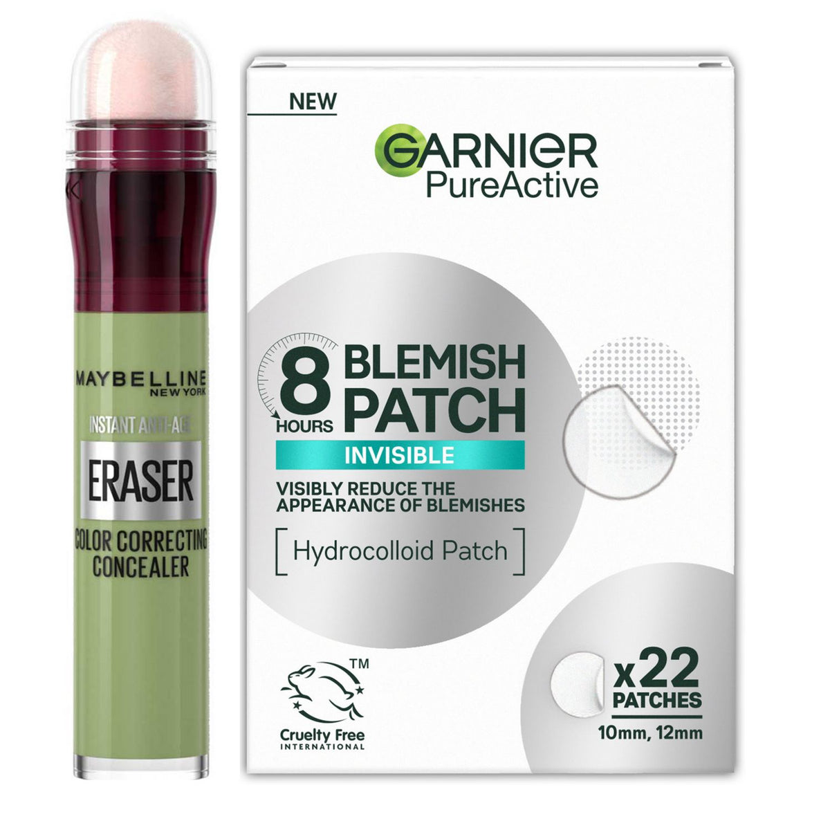 Maybelline Instant Eraser Green and Garnier Blemish Patches 22s duo bundle, imported from the UK