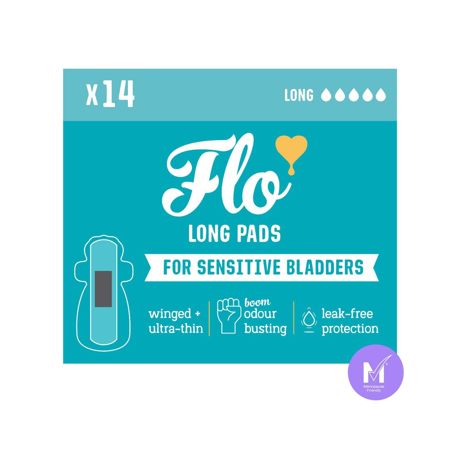 Flo long bamboo bladder pads 14 pack (British brand)