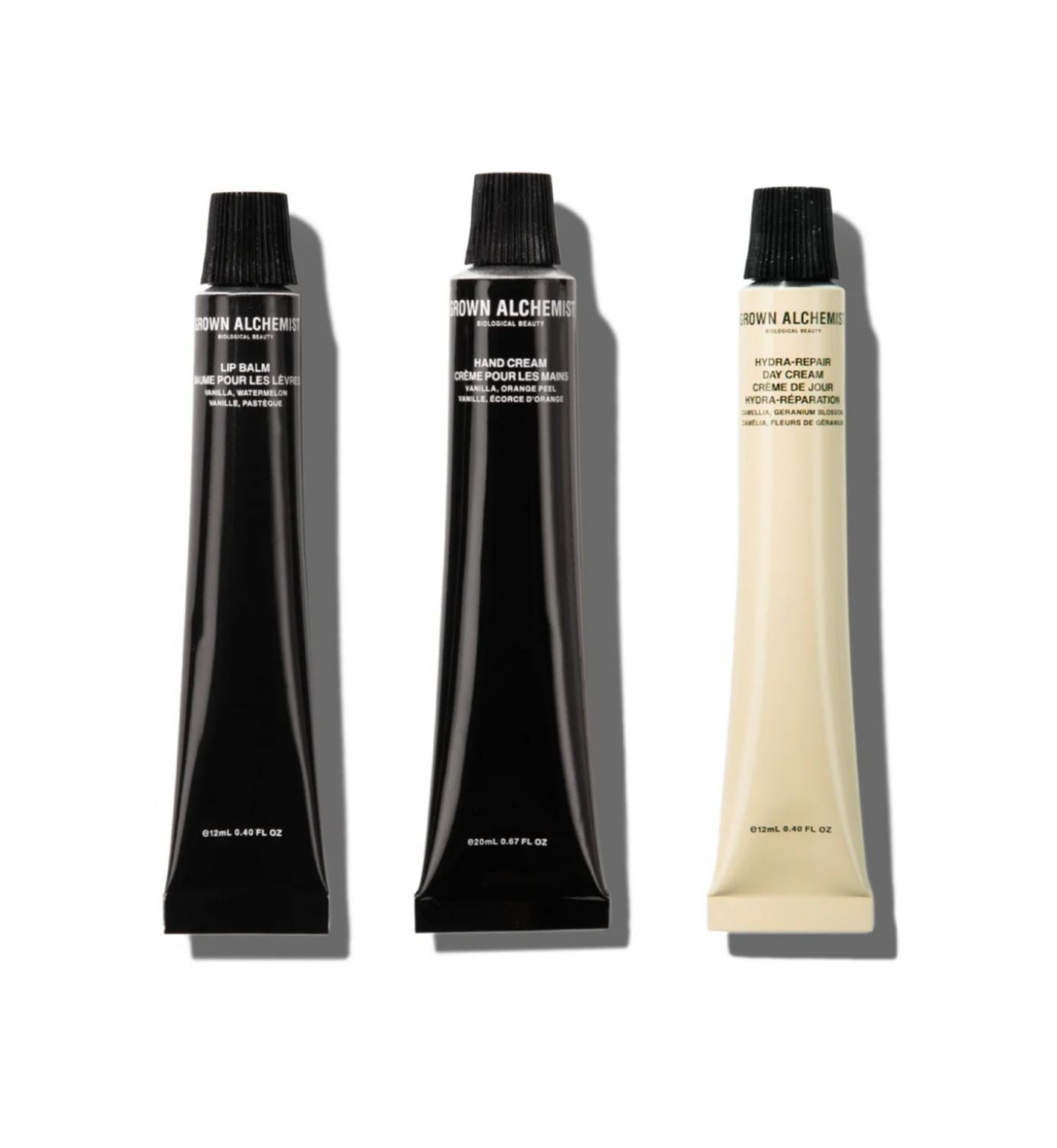 Grown Alchemist on-the-go skincare kit with three products, imported from the UK