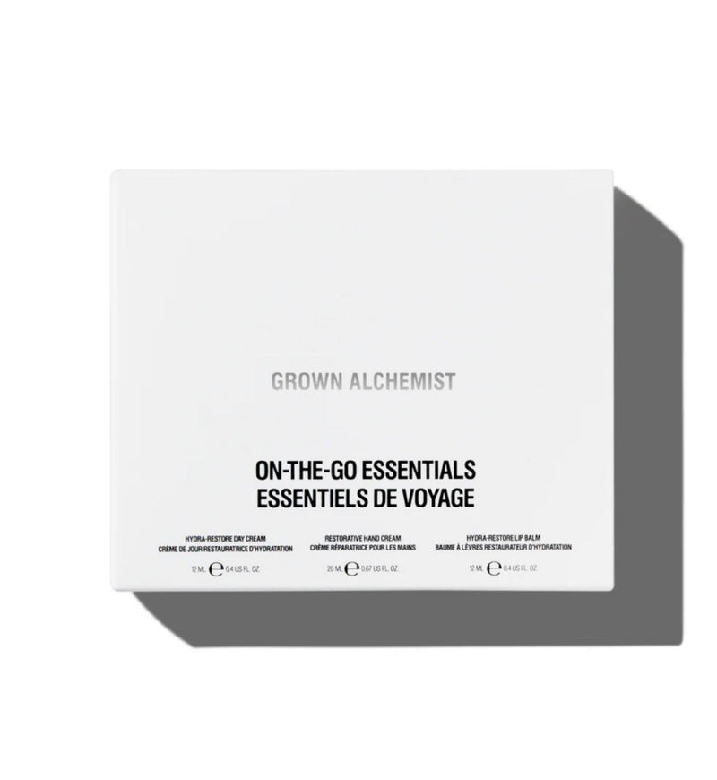 Grown Alchemist on-the-go skincare kit with three products, imported from the UK