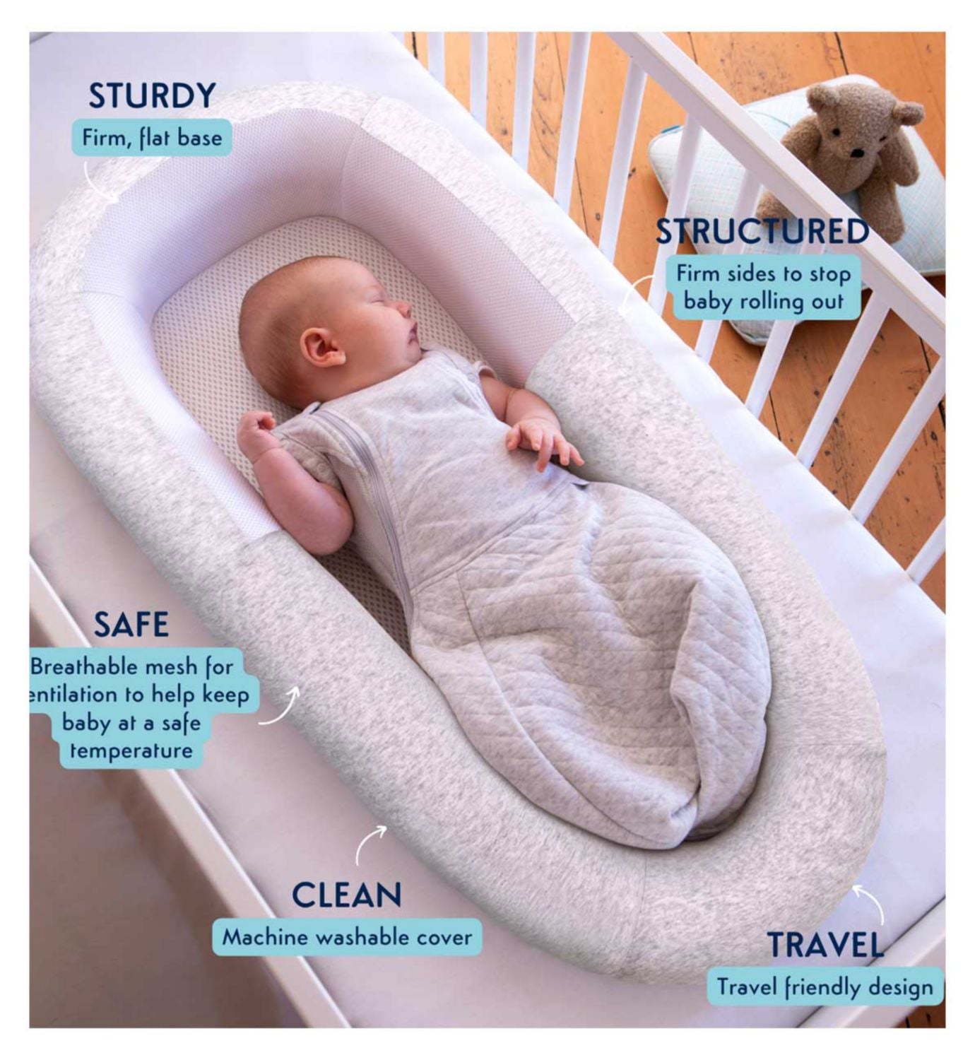 Purflo Sleep Tight Baby Bed Minimal Grey, imported from the UK