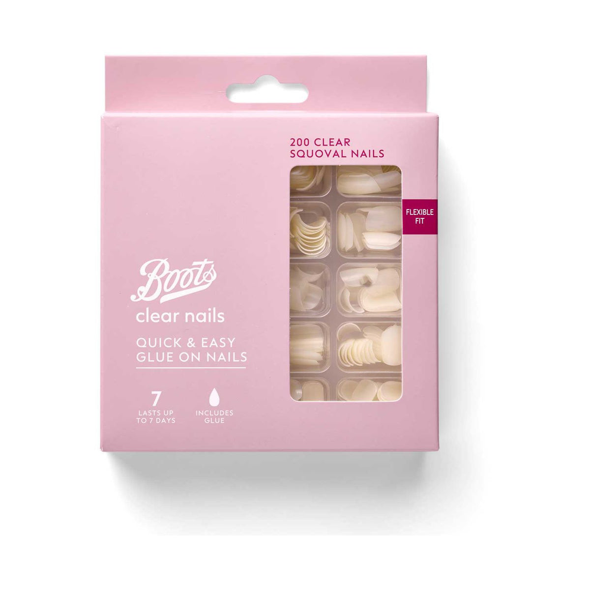 Boots false nails clear squoval 200 pack with glue, imported from the UK