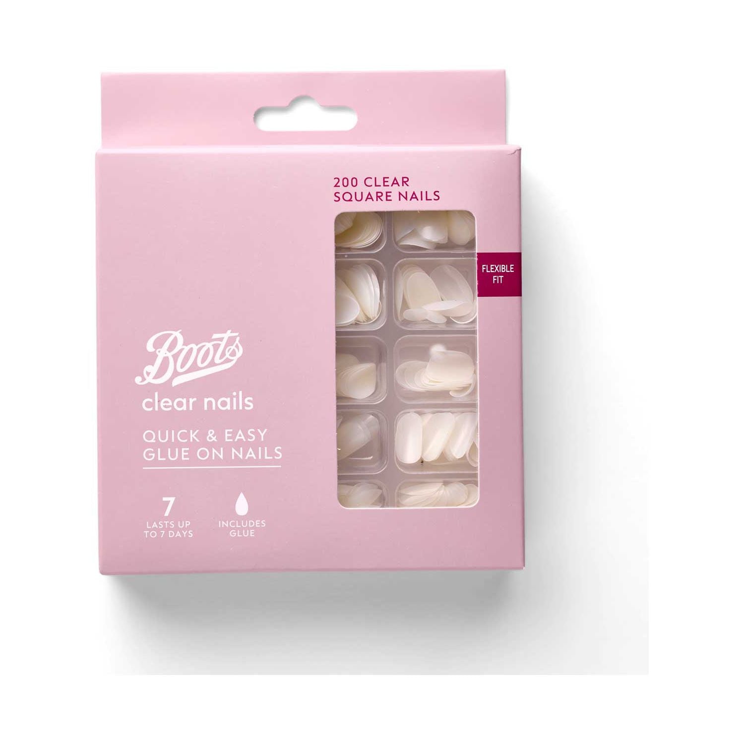 Boots false nails clear square 200 pack with glue (British brand)