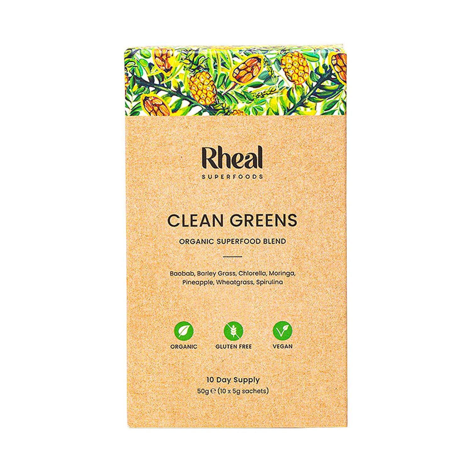 Rheal Superfoods Clean Greens organic powder sachets 5g 10s, imported from the UK