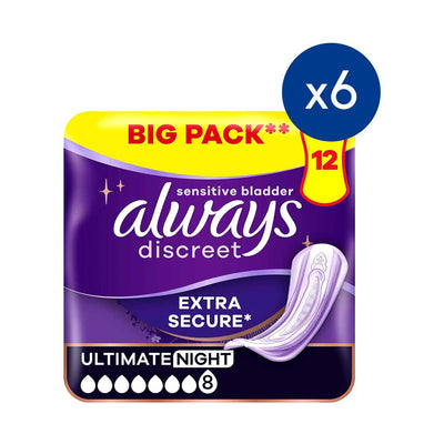 Boots Always Discreet Incontinence Pads Plus Ultimate Night x12 Bundle of 6- Buy online at McGrocer