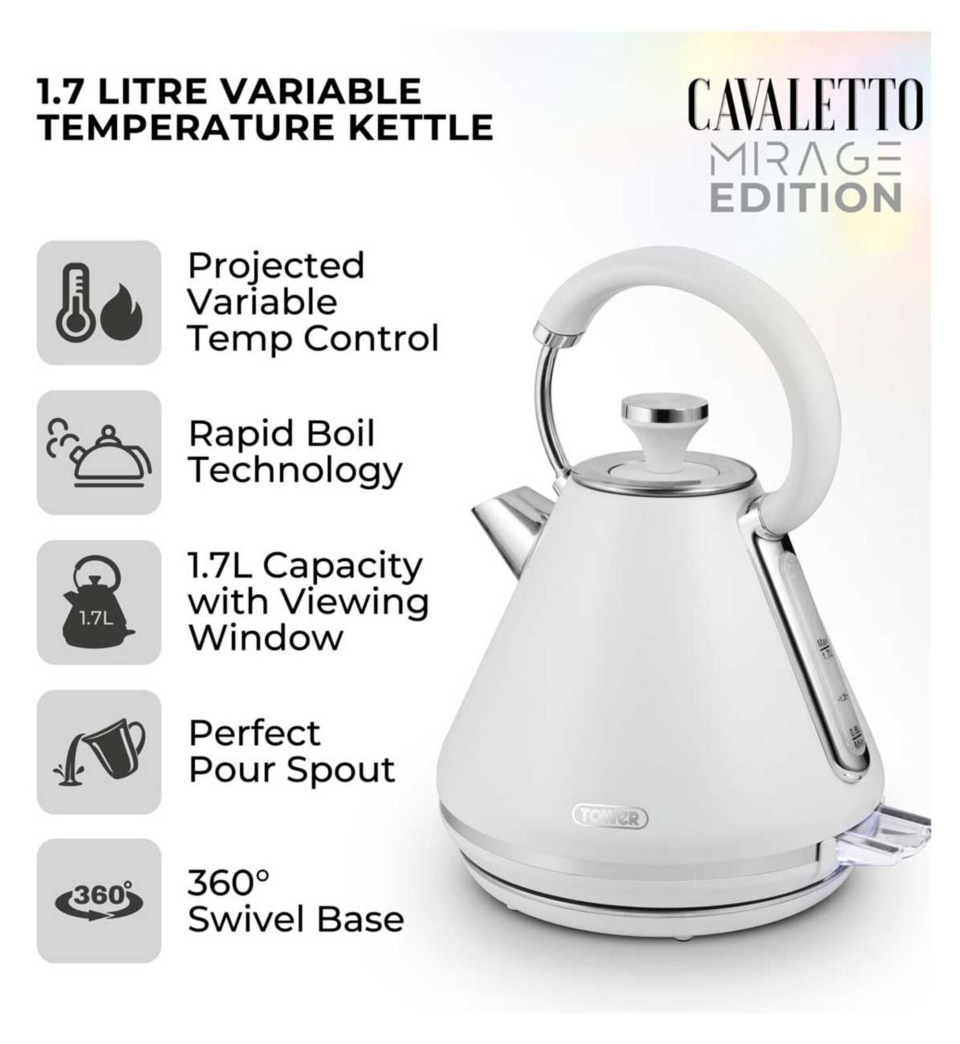 Tower Mirage variable kettle 1.7L white chrome - British product