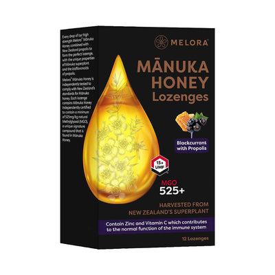 Boots Melora Manuka Honey and Propolis Lozenges Blackcurrant 12 Lozenges- Buy online at McGrocer