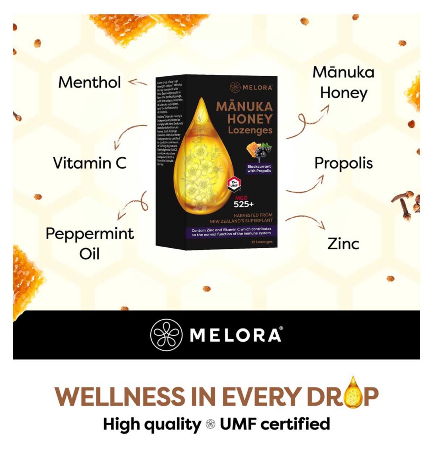 Melora Manuka Honey Lozenges blackcurrant 12 pack, imported from the UK