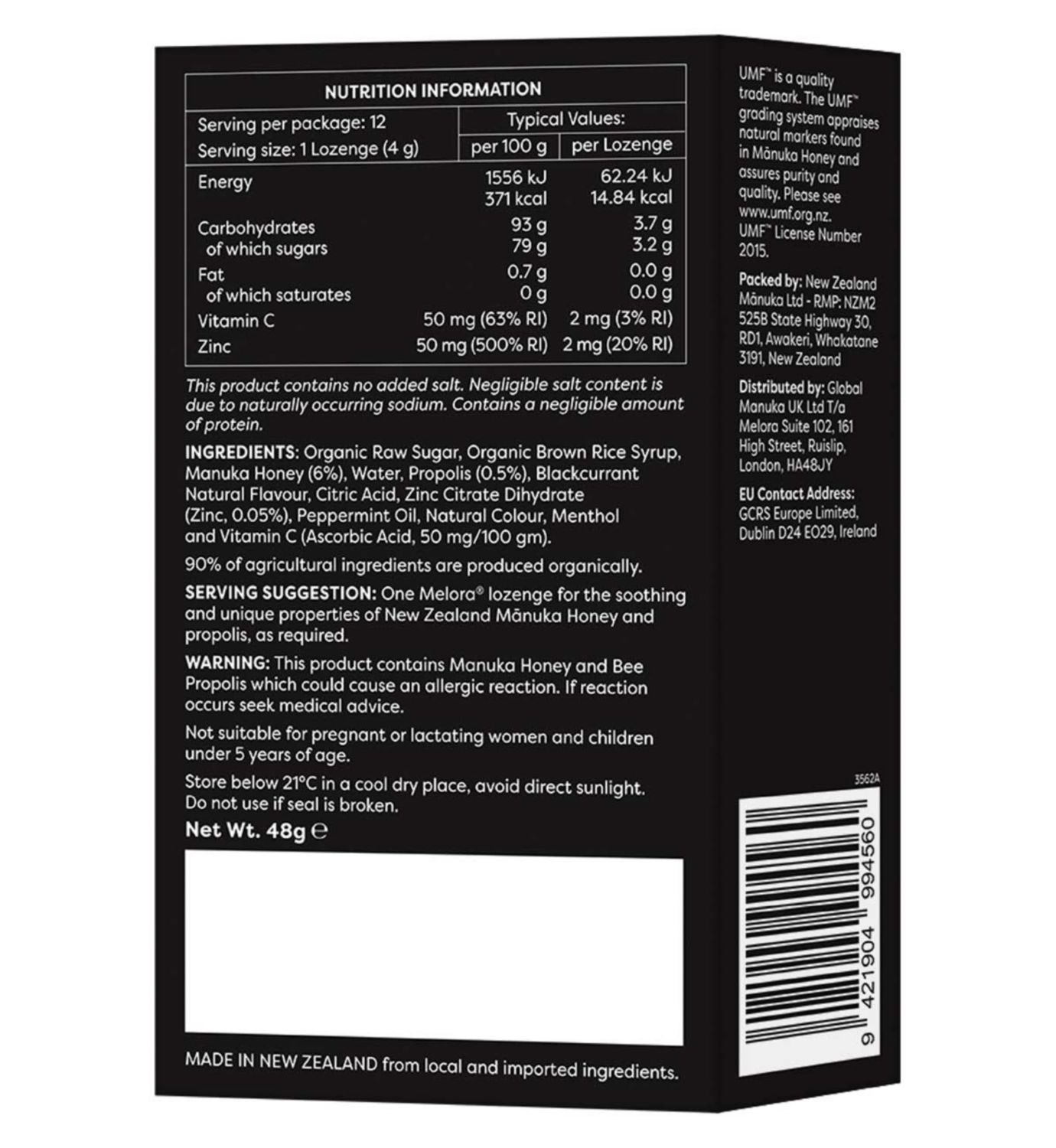 Melora Manuka Honey Lozenges blackcurrant 12 pack, imported from the UK