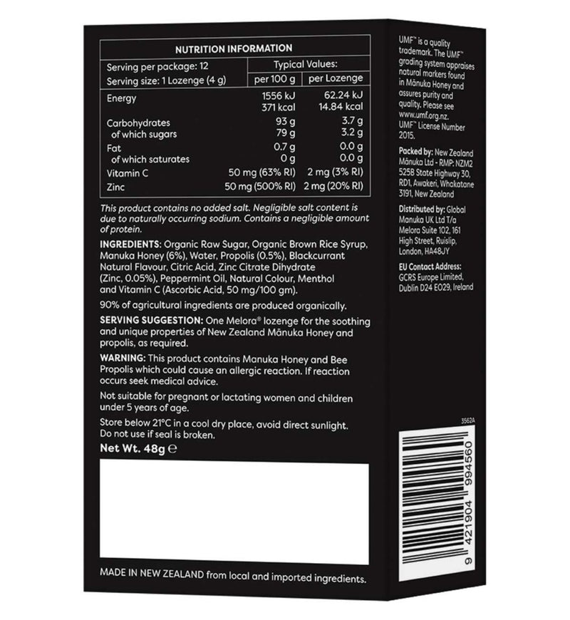 Melora Manuka Honey Lozenges blackcurrant 12 pack, imported from the UK