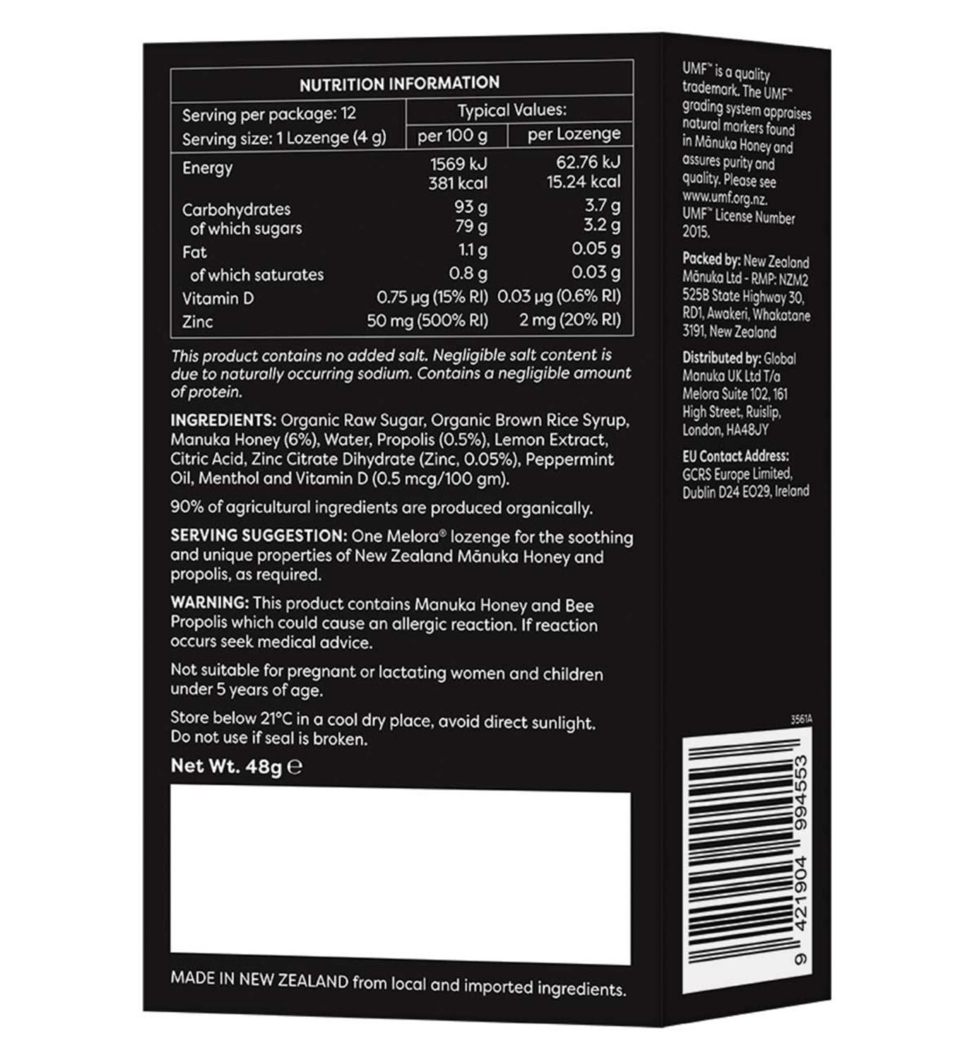 Melora Manuka Honey Lozenges Lemon Peppermint 12S, UK version