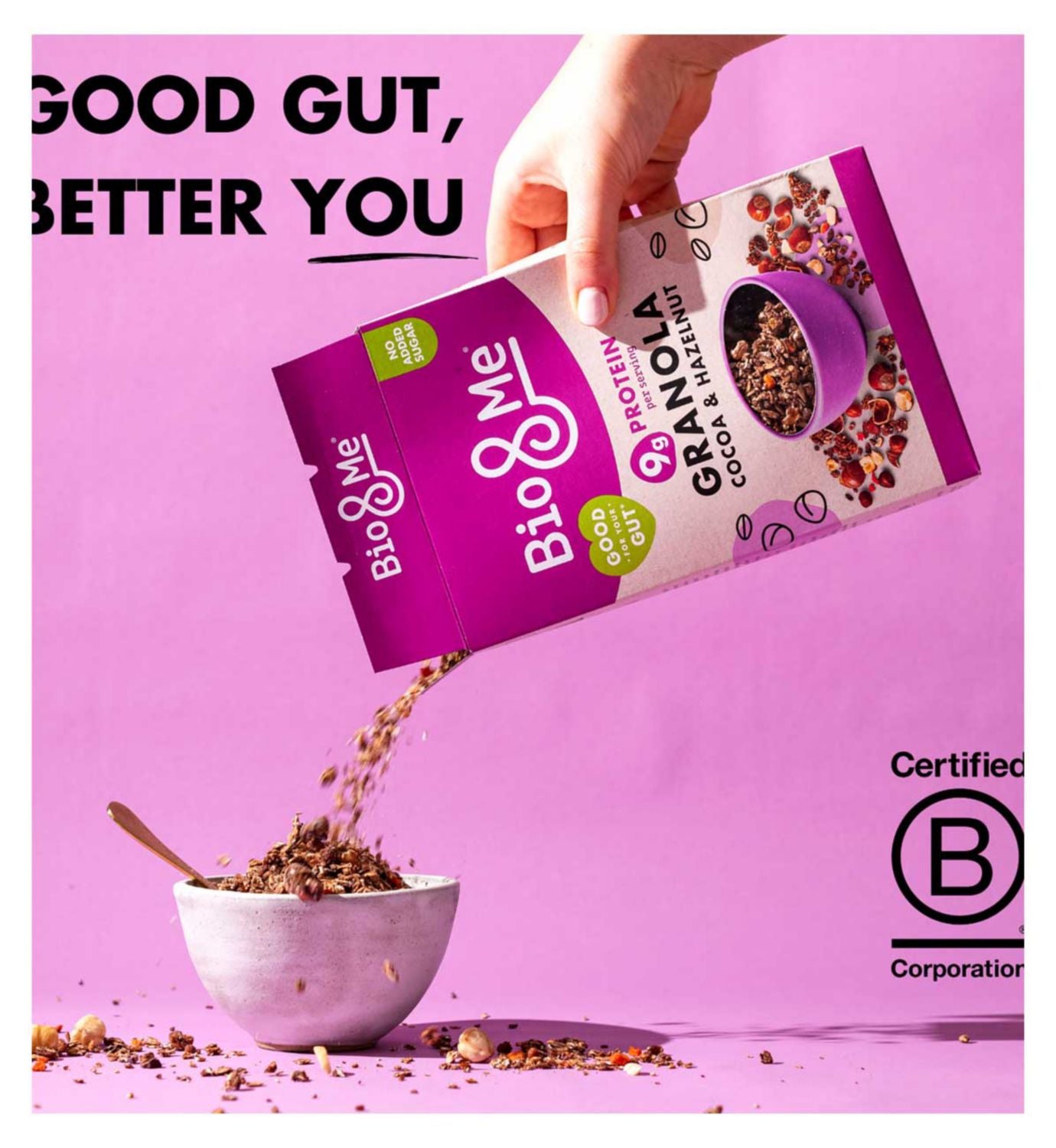 Bio&Me cocoa hazelnut protein granola 360g, imported from the UK