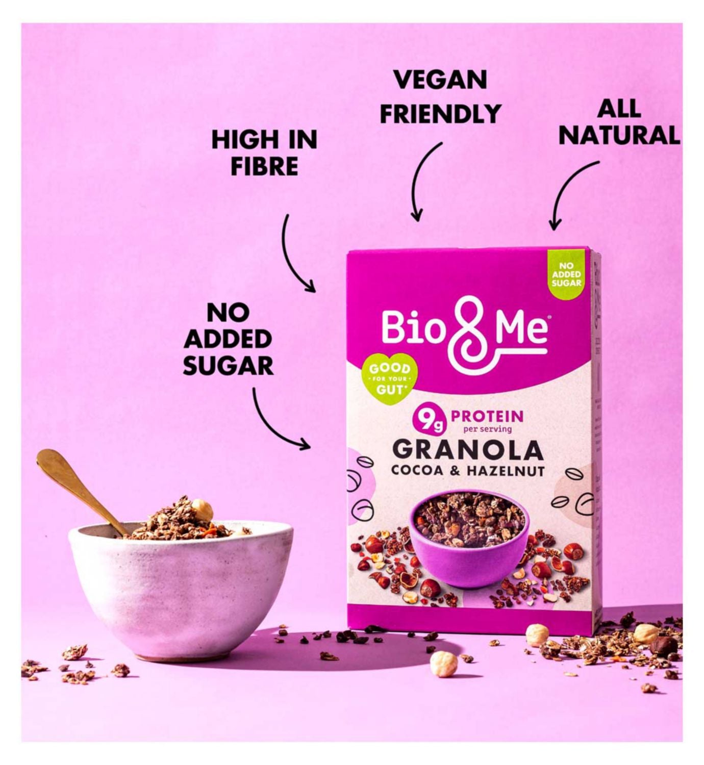 Bio&Me cocoa hazelnut protein granola 360g, imported from the UK