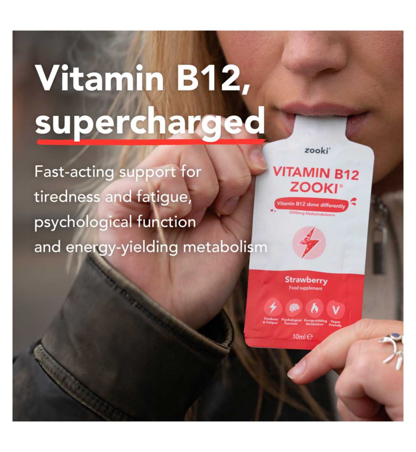 Zooki Vitamin B12 strawberry flavour sachets 14 pack (British brand)