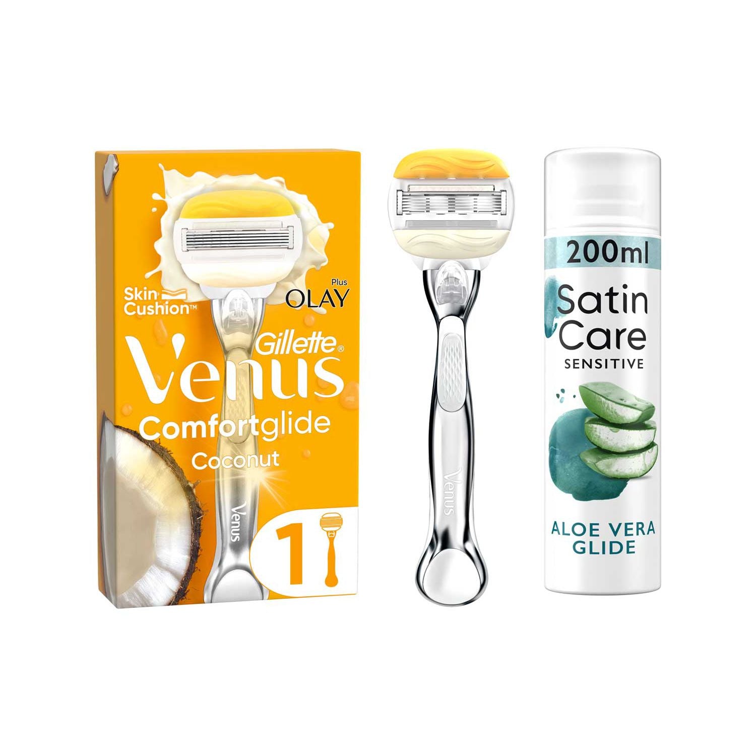 Venus Pro ComfortGlide Coconut Olay Razor + Satin Care Aloe Vera Shave Gel Bundle