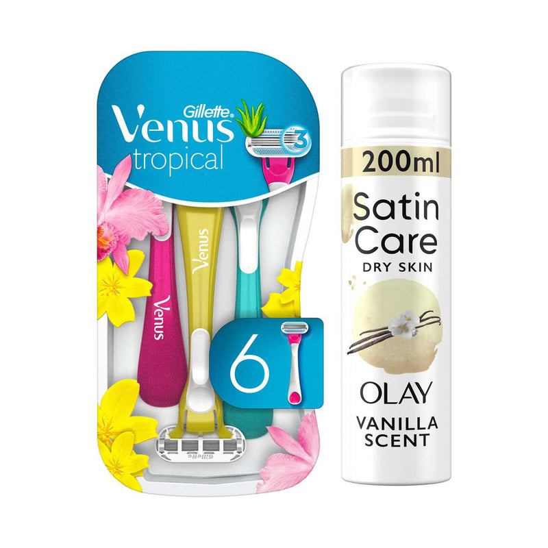 Venus Tropical disposable razors and Satin Care shave gel bundle, UK version
