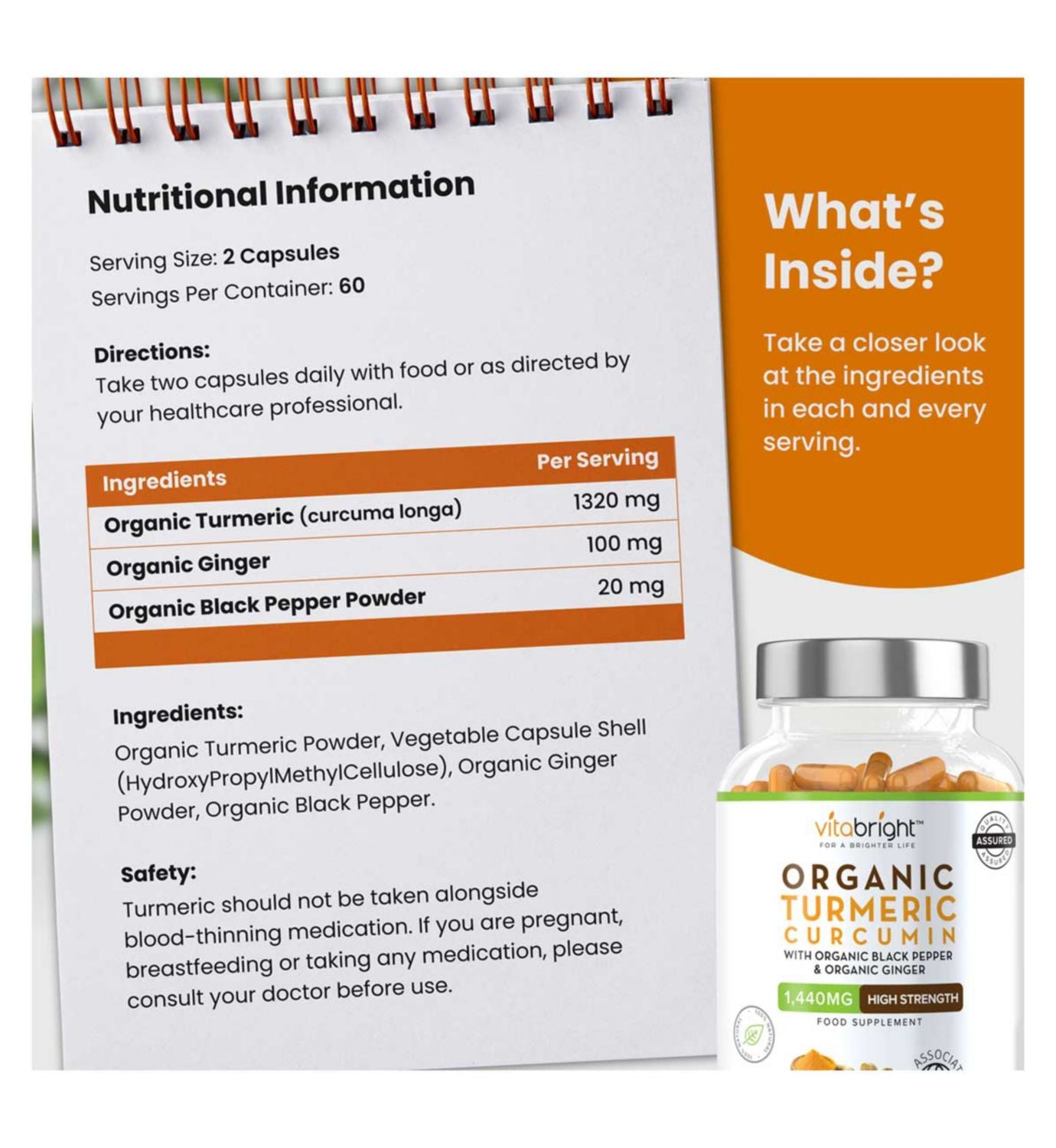 Vitabright organic turmeric curcumin capsules 120 count, UK version