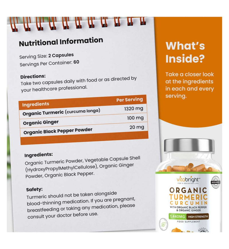 Vitabright organic turmeric curcumin capsules 120 count, UK version