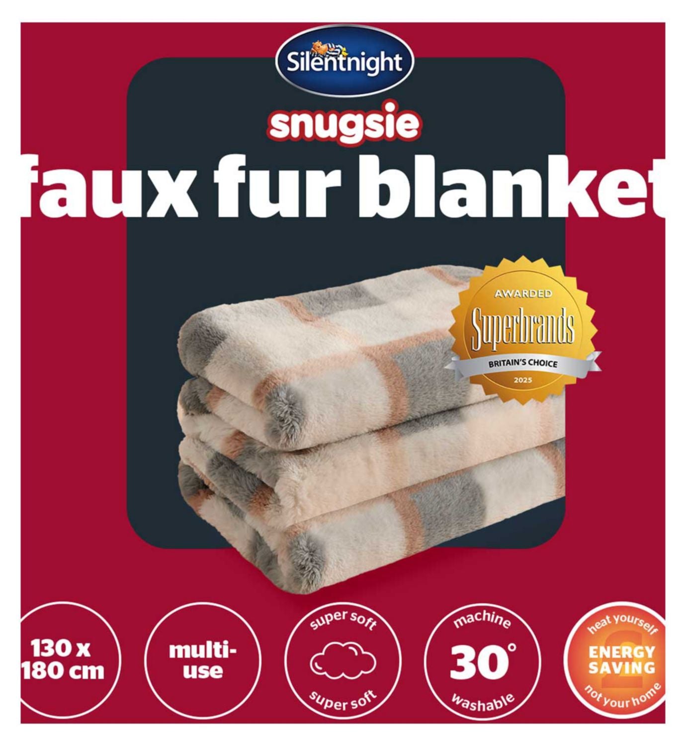 Silentnight Snugsie faux fur blanket natural check, imported from the UK
