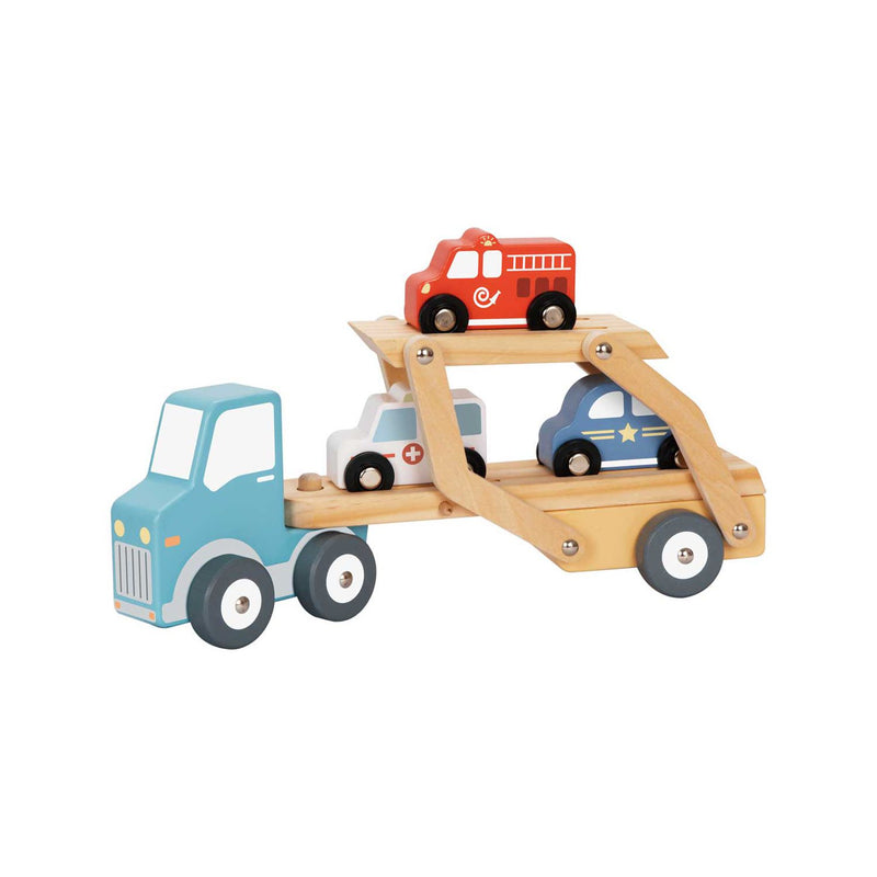 Tooky Toy wooden car carrier with 3 cars - British product
