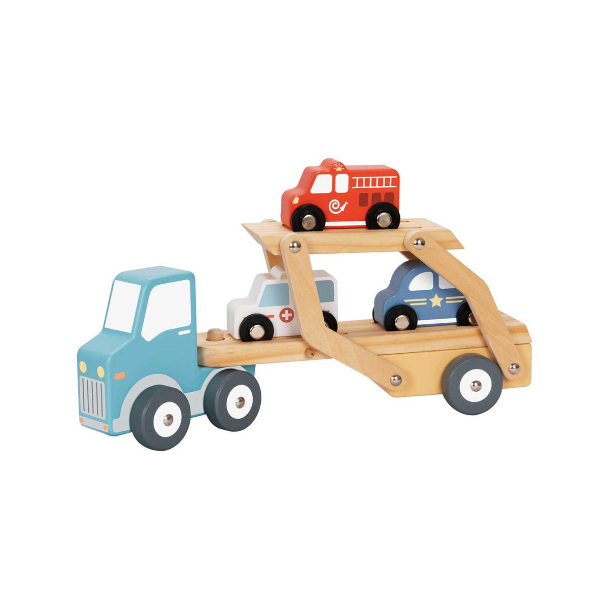 Tooky Toy wooden car carrier with 3 cars - British product
