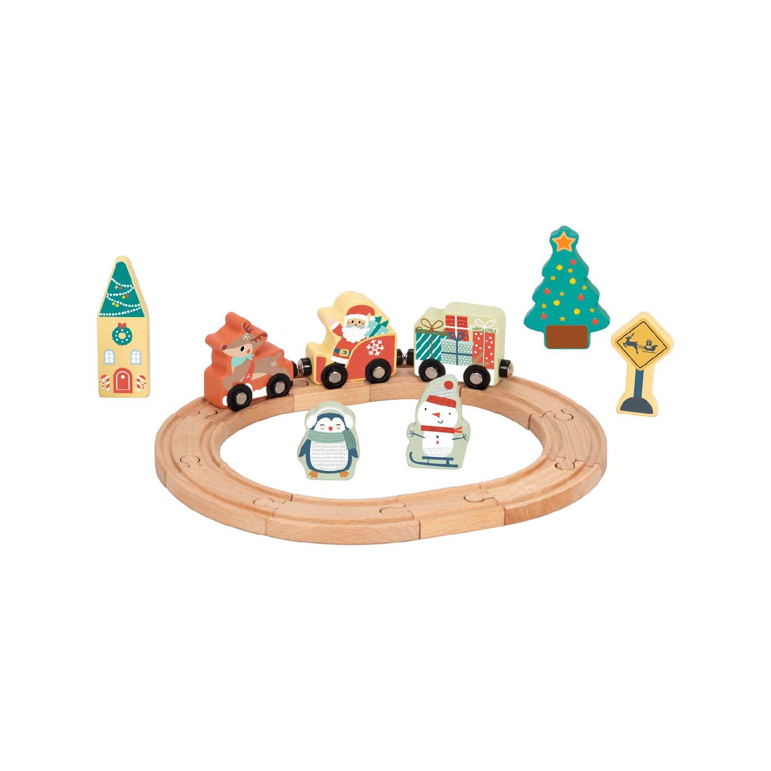Tooky Toy wooden Christmas train set tabletop railroad - British product