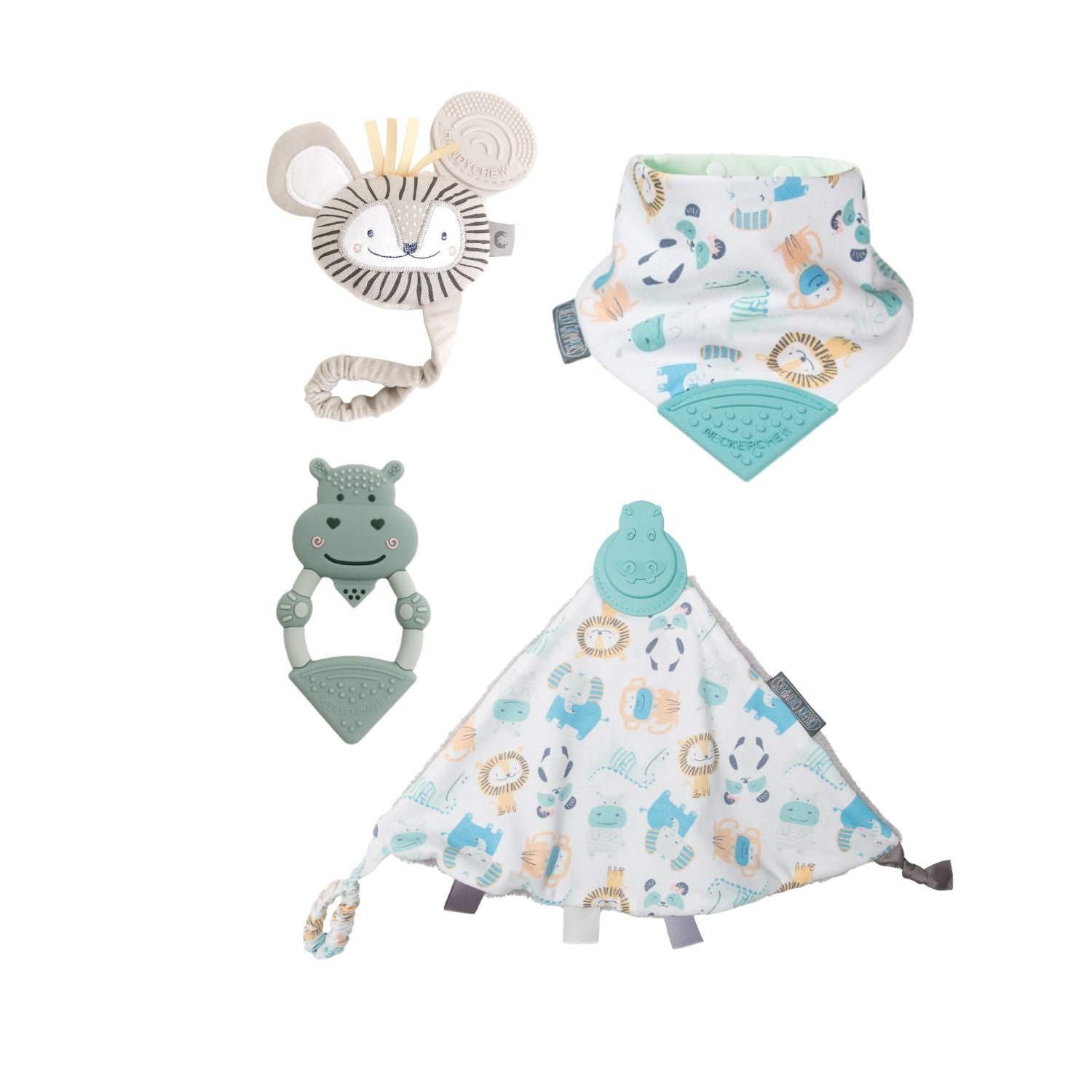 Cheeky Chompers baby teething gift set with bib and teethers, UK version