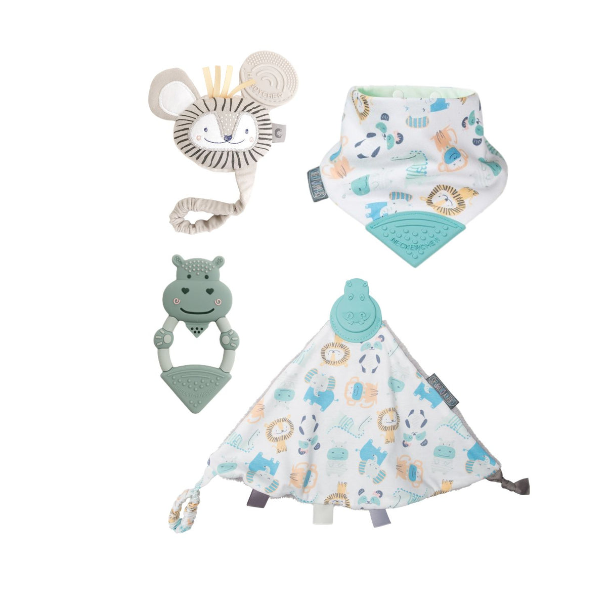 Cheeky Chompers baby teething gift set with bib and teethers, UK version