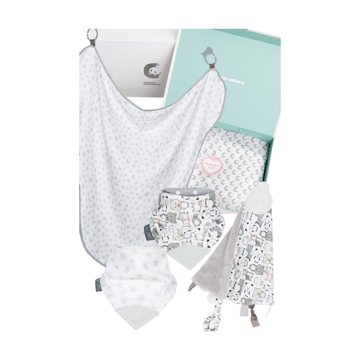 Cheeky Chompers newborn baby giftbox Silver Stars, imported from the UK