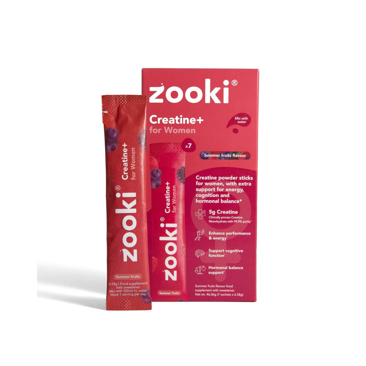 Zooki Creatine+ for Women summer fruits sachets, imported from the UK