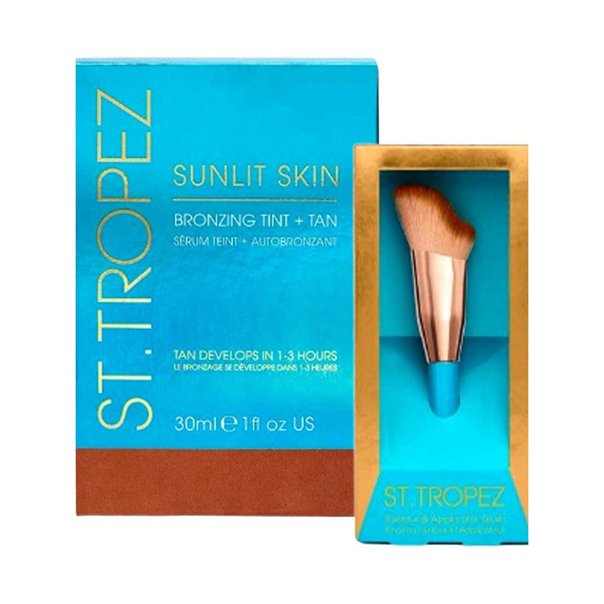St. Tropez Sunlit Skin and Ultimate Tan Face Brush bundle, imported from the UK