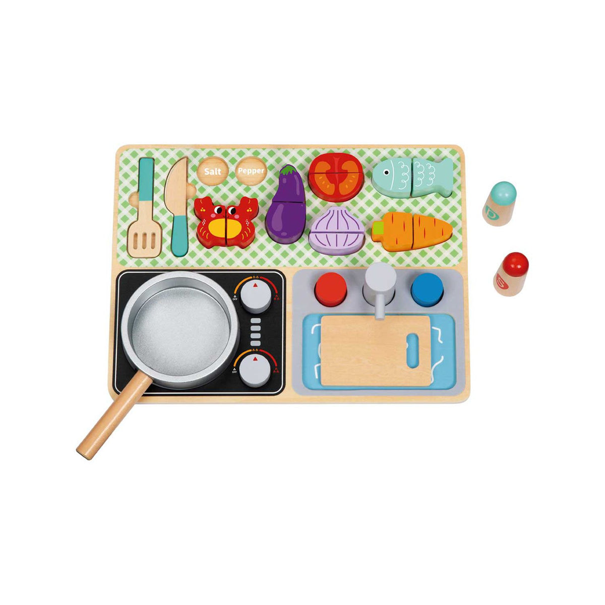 Tooky Toy kitchen play set with cutting vegetables and cutlery, imported from the UK