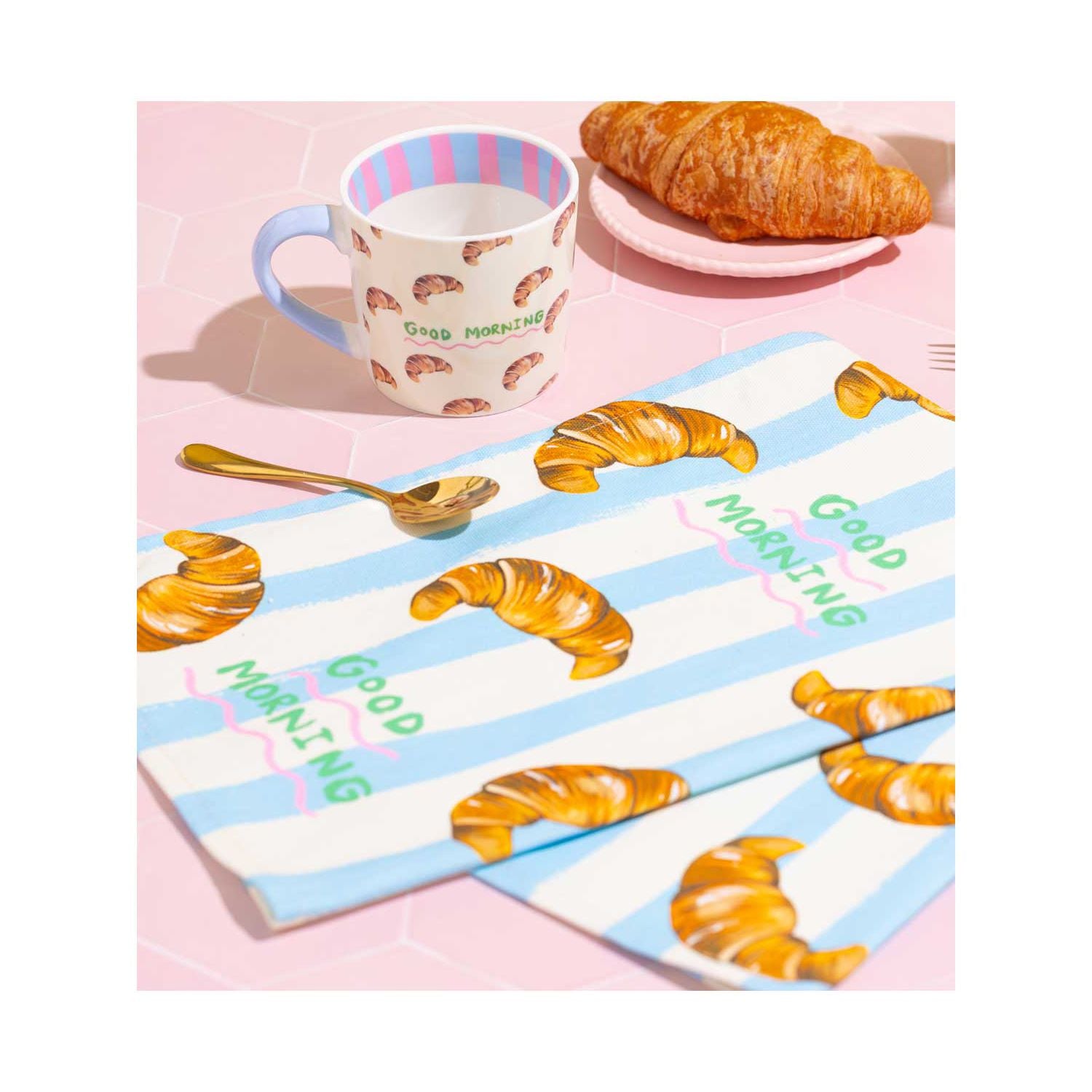 Eleanor Bowmer croissant mug and tea towel set in cream (British brand)