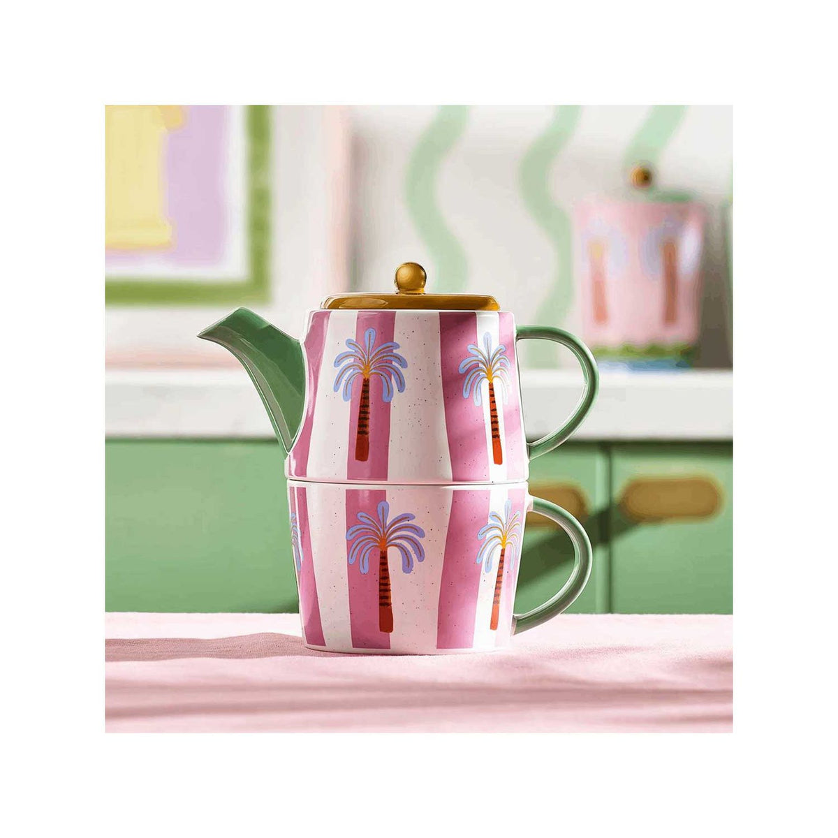 Eleanor Bowmer palm tea set stoneware teapot and mug, imported from the UK