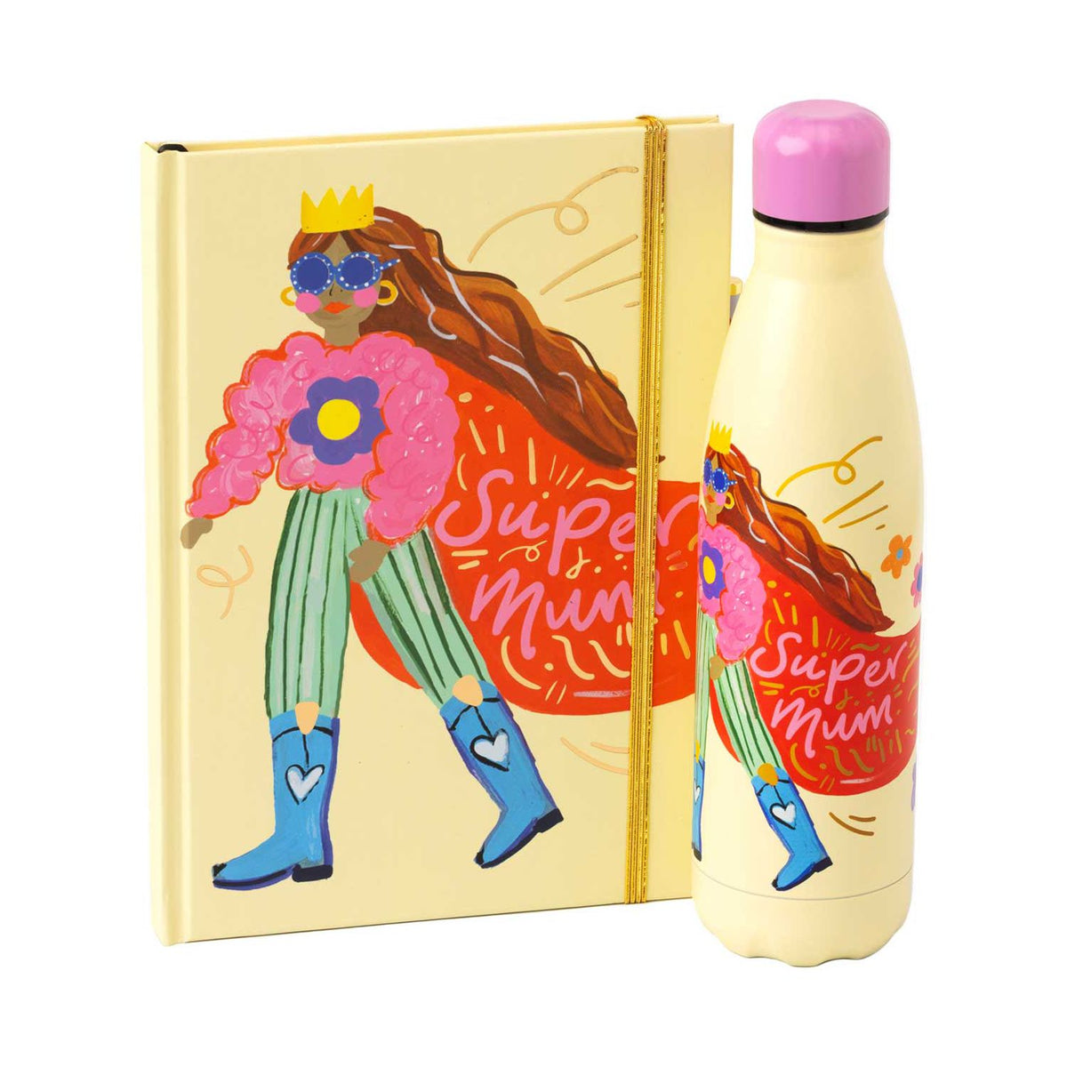 Eleanor Bowmer Super Mum cream water bottle and notebook set (British brand)