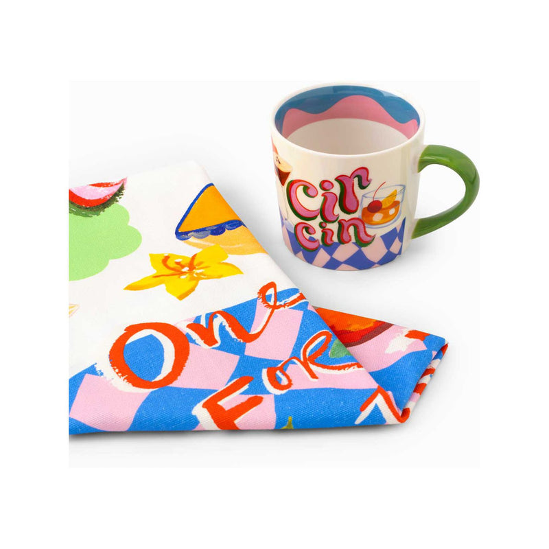 Eleanor Bowmer Cin Cin mug and tea towel set with cocktail illustration, UK version