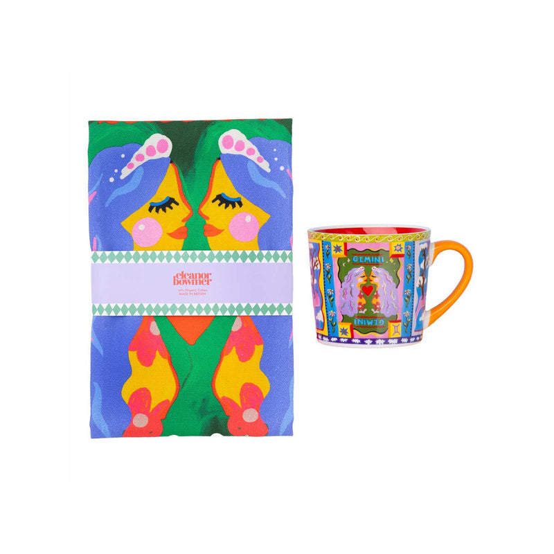 Eleanor Bowmer Gemini zodiac mug and tea towel set (British brand)