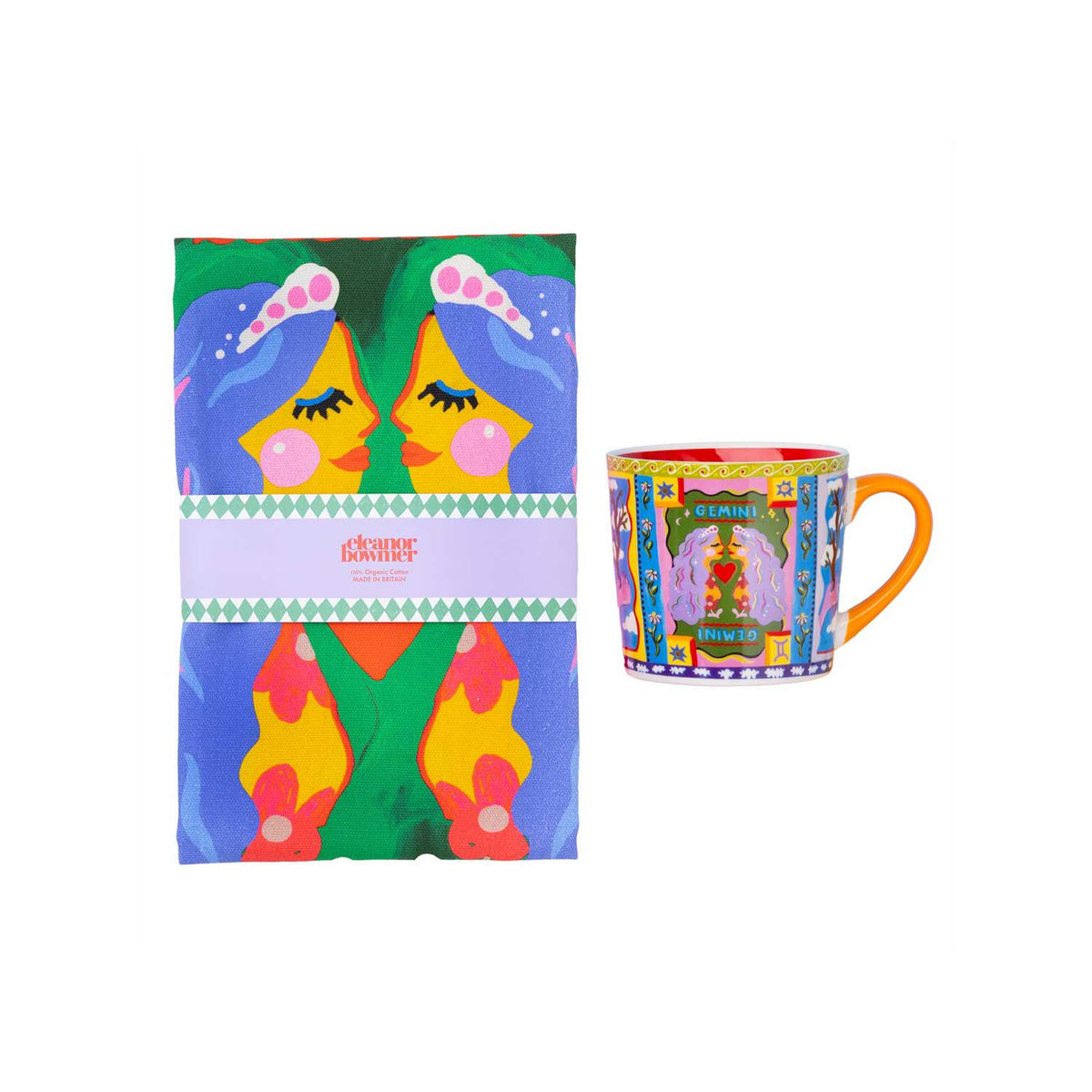 Eleanor Bowmer Gemini zodiac mug and tea towel set (British brand)