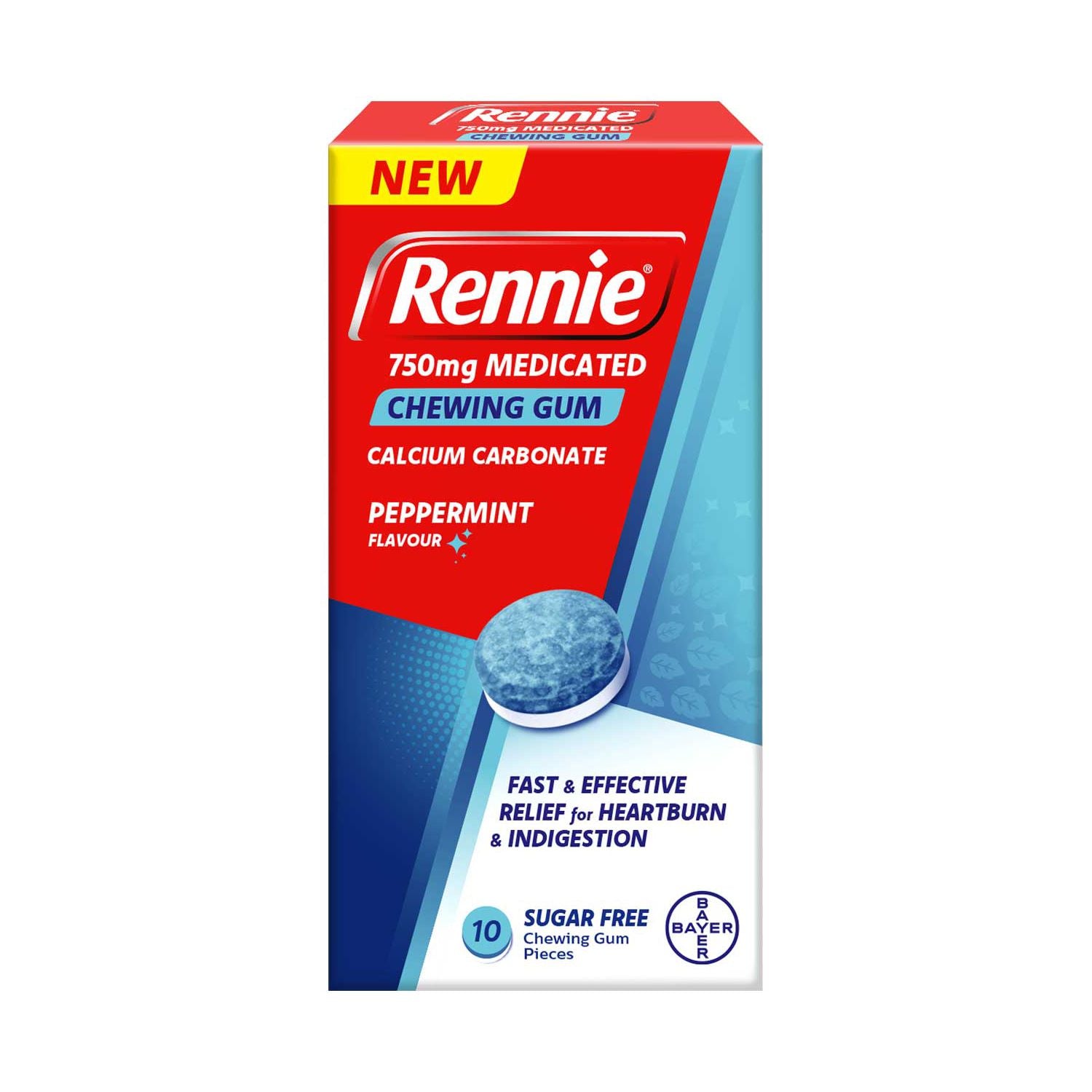 Rennie medicated chewing gum 750mg 10 pieces, UK version