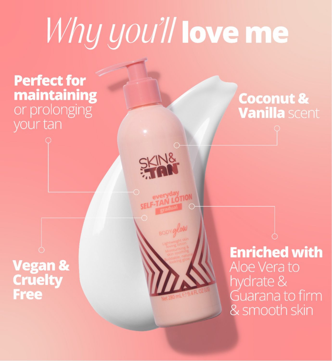 SKIN & TAN Body Glow self tan lotion medium 280ml, imported from the UK