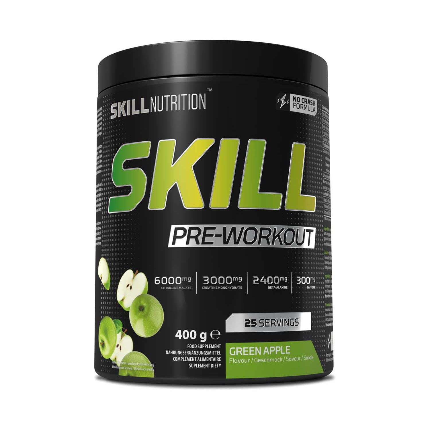 Skill Nutrition Pre Workout Powder Green Apple 400g, imported from the UK